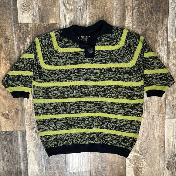 Vintage Green Black Collared Sweater Short Sleeve Stripped Plus Size 2X/3X - Picture 1 of 5